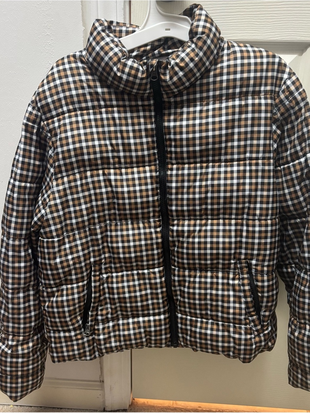 Time and Tru Brown Black and White Plaid Puffer Jacket